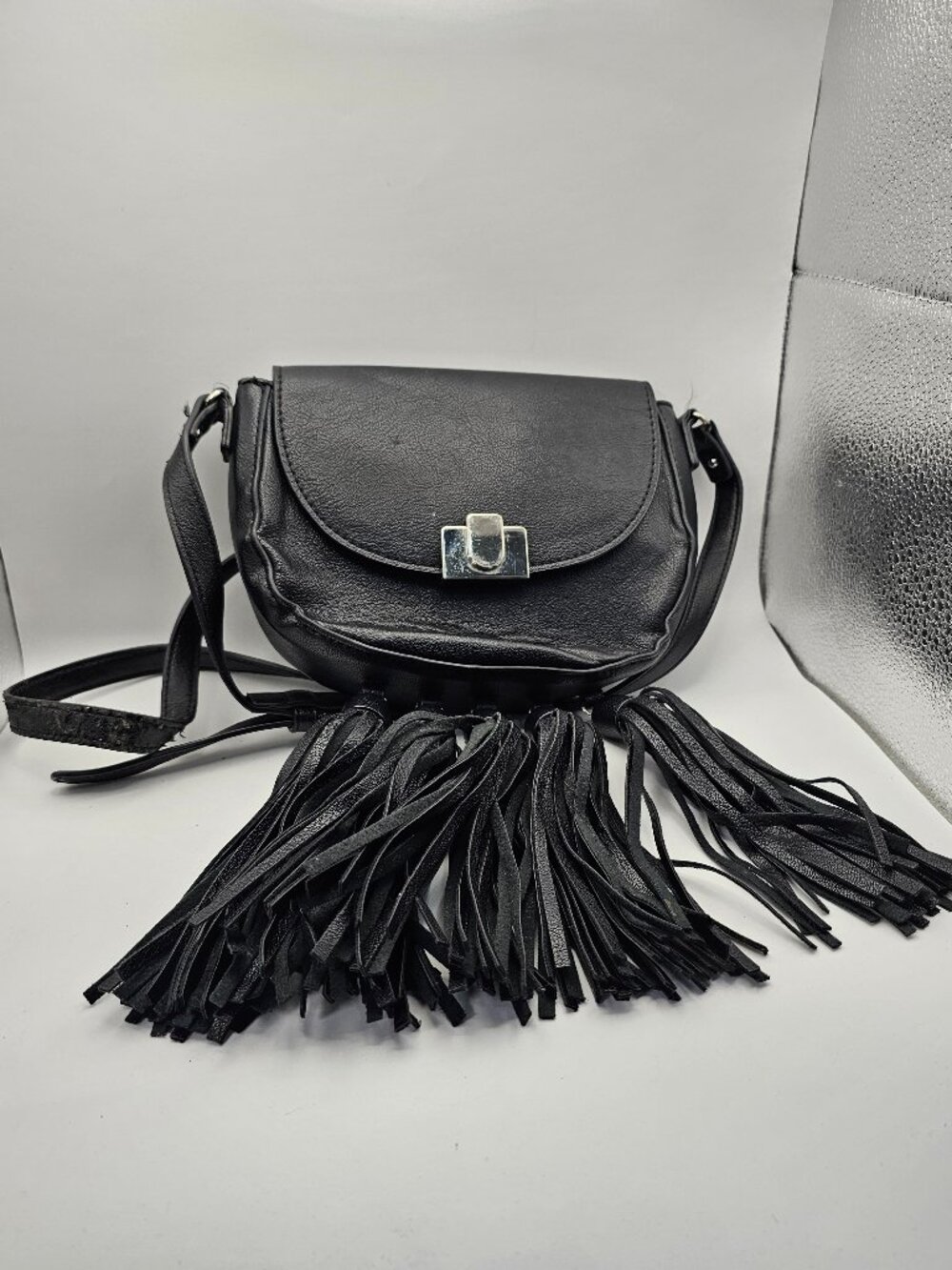 Nine West Black Faux‑Leather Fringe Crossbody Bag